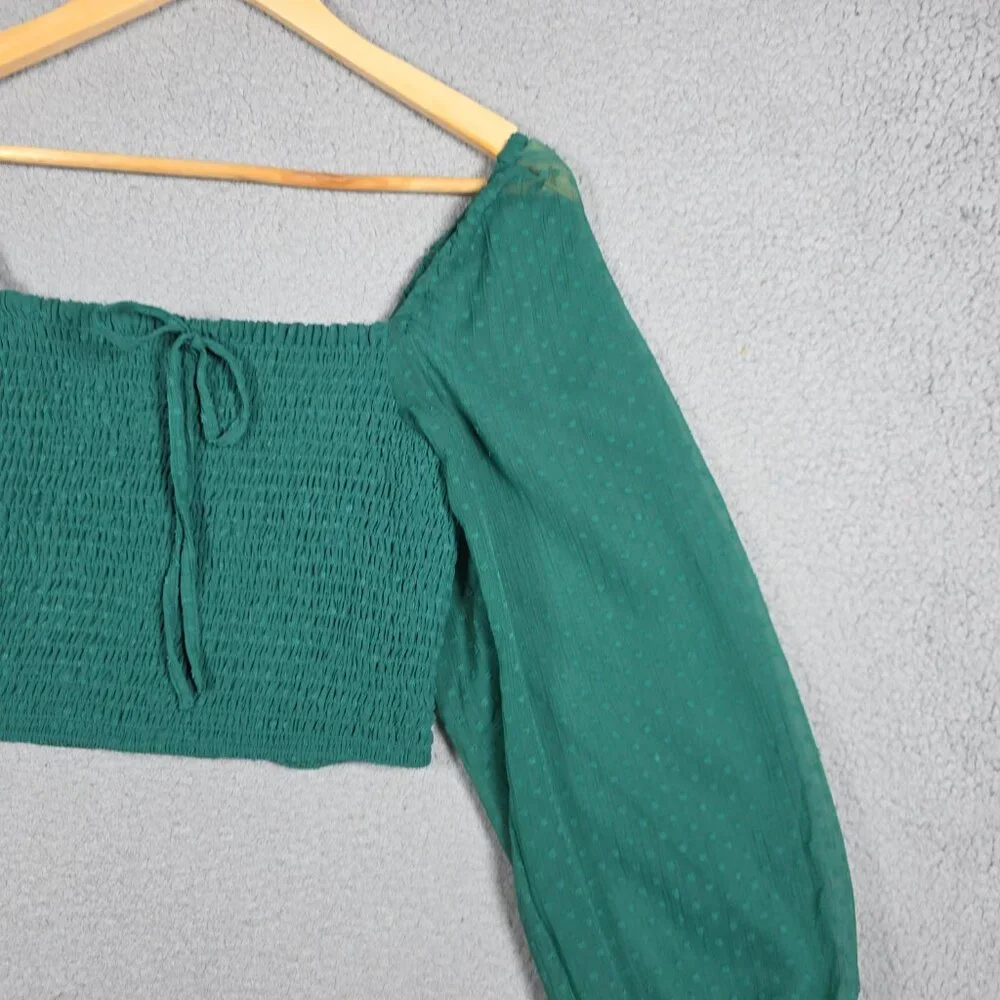 BOG Collective Top Womens Size Medium Pine green Smocked Cropped Blouse BOHO